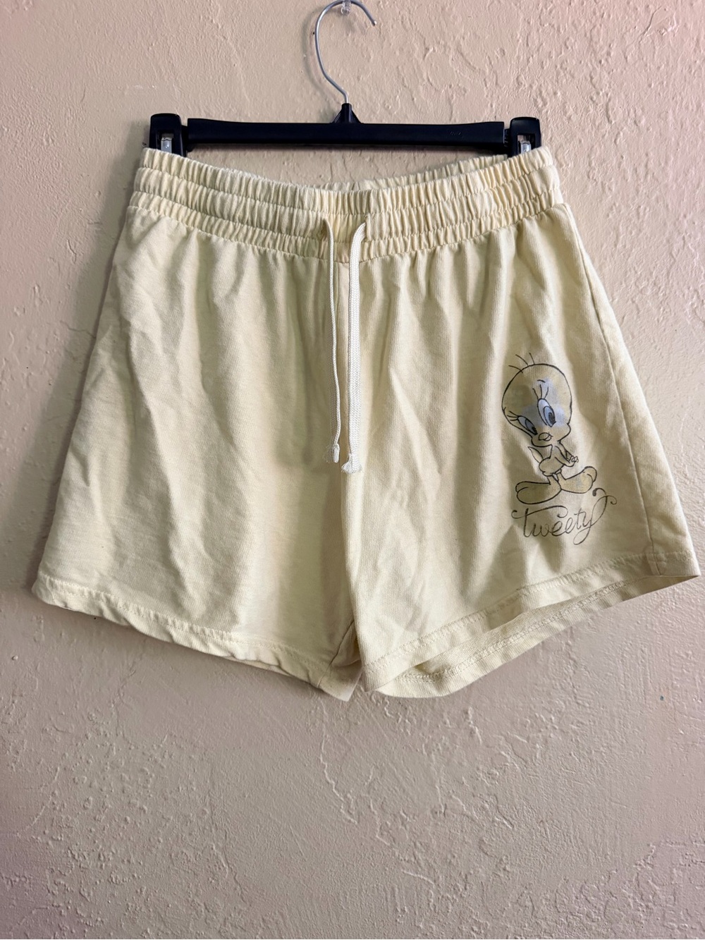Pale Yellow Tweety Graphic Athletic Shorts with Drawstring Waist